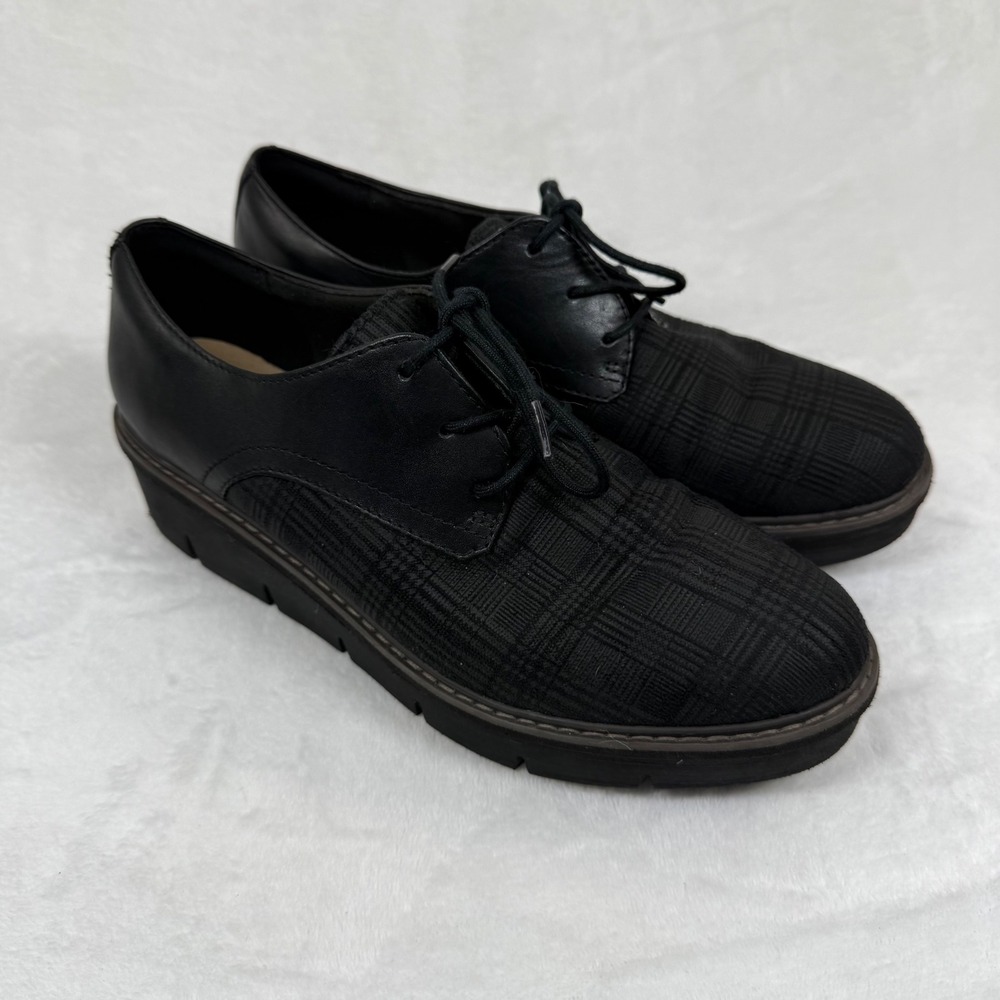 Clarks Sharon Dolly Black Leather Plaid Wedge Platform Oxford Shoes Womens 9 M